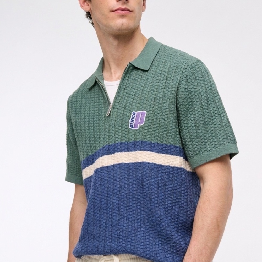 Abercrombie & Fitch Prince Mens Small Green Blue Colorblock Waffle Knit Zip Polo